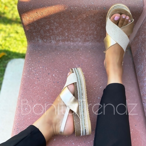 Gold Vegan Criss Cross FlatForm Platform Sandals - Picture 3 of 4